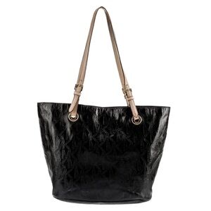 Michael Kors Black solid logo patent leather tote bag